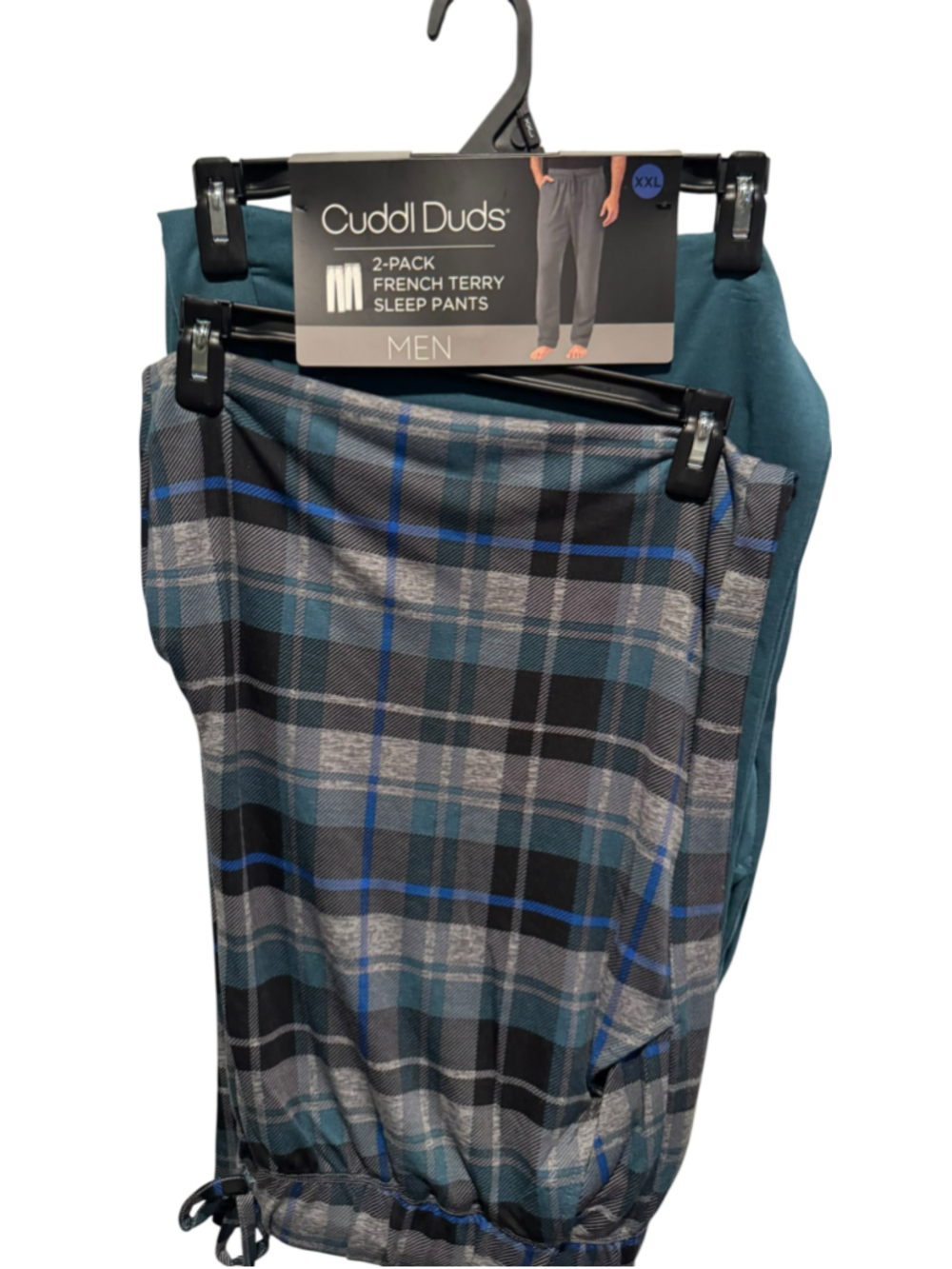 Men's Cuddl Duds 2-Pack French Terry Sleep Pants XXL Teal and Grey Plaid